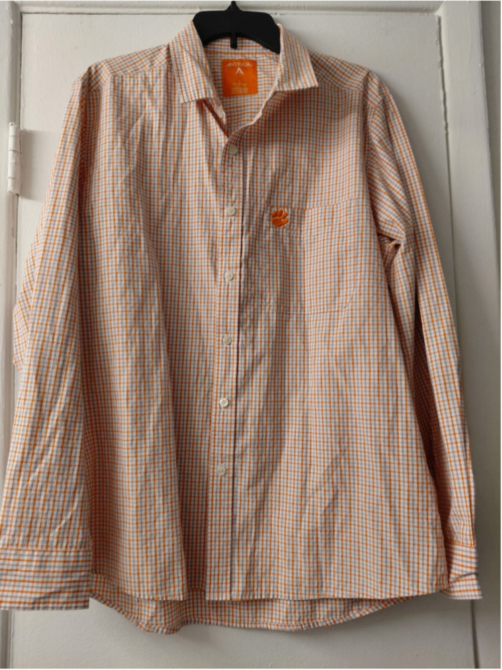 Men's Antigua NCAA Clemson University Tigers Orange White Plaid Logo Button...